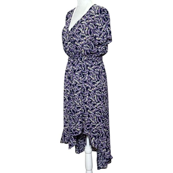 Floral Print High-Low Wrap Dress With Elastic Waist Short Sleeves Tie By Rokoko - Picture 5 of 11